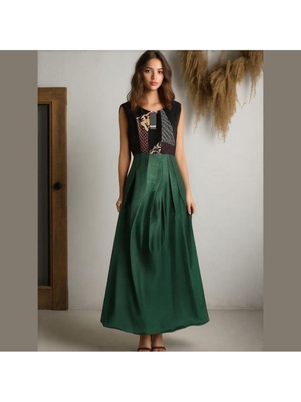 Pink Square Emerald Green Floral Print A-Line Sleeveless Full Length Dress